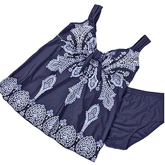 Paisley Print 2Pc Swimdress Women Plus Size 16-28 Navy Blue Wide Strap Swimsuit - Picture 6 of 9